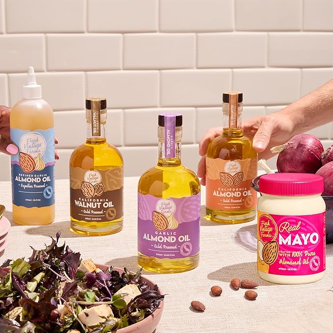Fresh Vintage Farms Nut Bundle 100% Cold Pressed Walnut &amp Garlic Almond Cooking Oils | Cold Pressed &amp Nutritious Healthy Oils for Cooking Baking Dipping Salads &amp Marinades | 375ml Pac