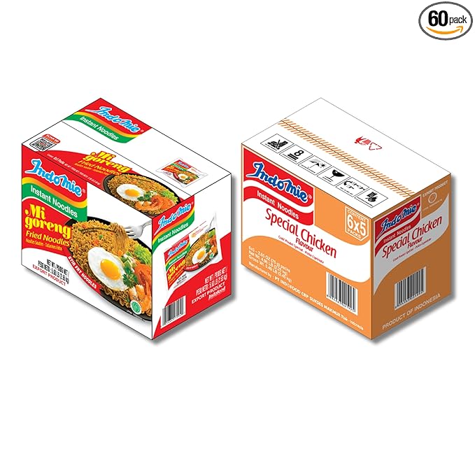 Indomie Mi Goreng Instant Stir Fry Noodles Halal Certified 30 Original &amp 30 Special Chicken Flavor (Pack of 60)