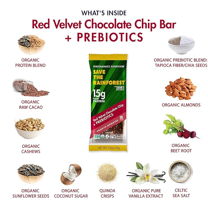 SHANTI BAR Plant Protein + Immunity Superfoods Prebiotics | Vegan Gluten Free Paleo Raw Healthy Snack Certified Organic Low Glycemic No Refined Sugars | Red Velvet Chocolate Chip | 12 Count