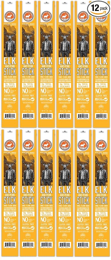 PEARSON RANCH Elk Sticks 1 Ounce Elk Jerky Sticks Pack of 12 Exotic Meat Low-Carb Gluten-Free MSG-Free High-Protein Low-Fat Paleo and Keto Friendly Wild Game Meat Sticks