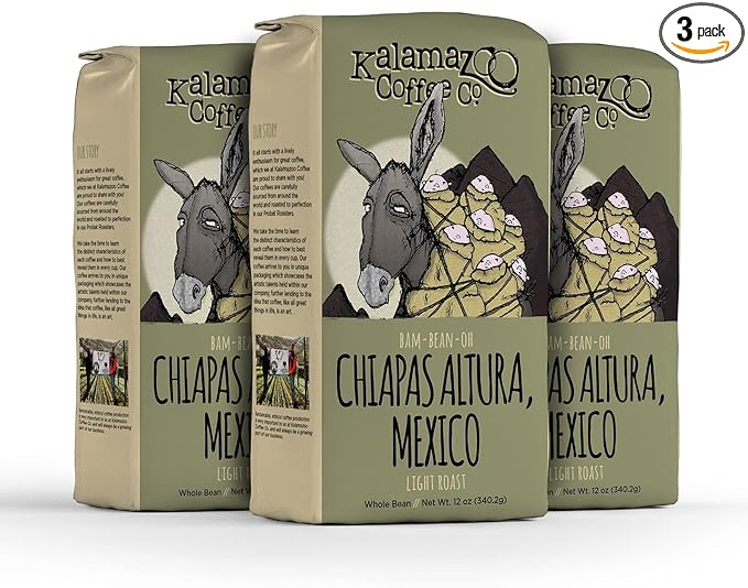 KALAMAZOO COFFEE COMPANY Mexican Chiapas Whole Bean Coffee - Bam-Bean-Oh Light Roast | 12oz Bag (3 Pack)