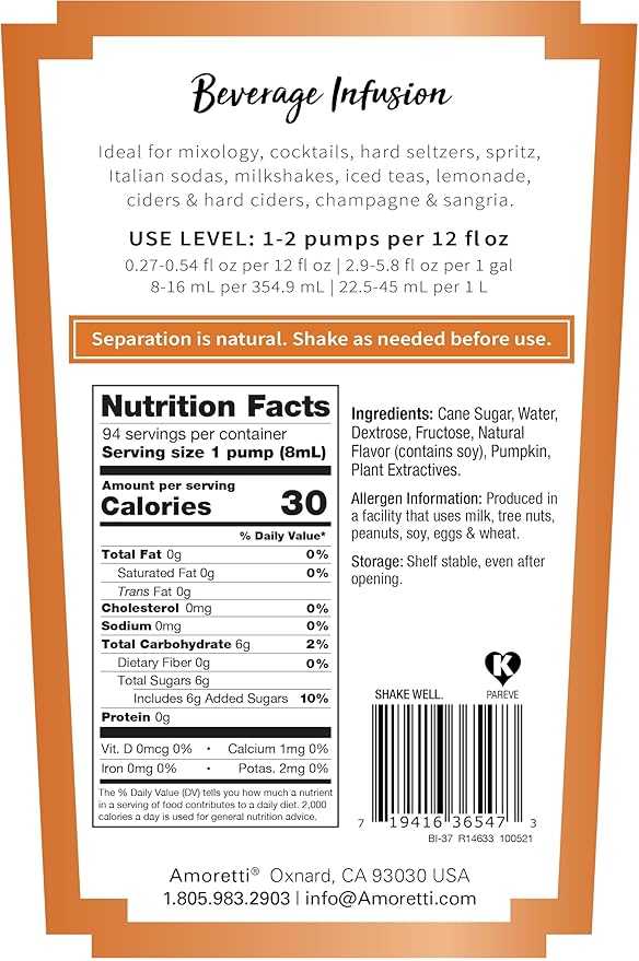 Amoretti - Pumpkin Spice Beverage Infusion 94 Servings Per Bottle (750 ml) - Drink Mix &amp Water Enhancer with Pump for Flavoring Cocktails Waters Teas and other Beverages Preservative Free