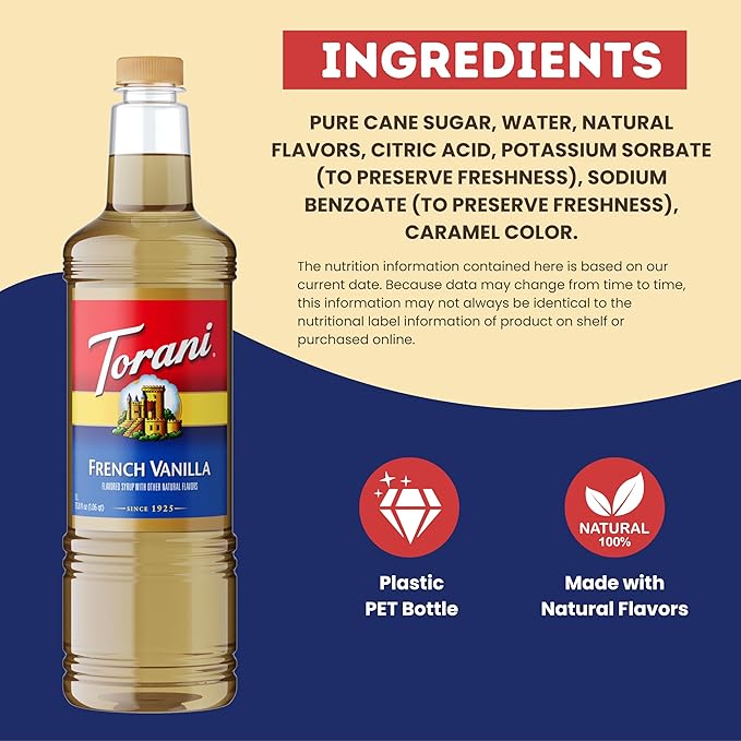 Torani French Vanilla Coffee Syrup 1 Liter Bottle with Pump Dispenser – Flavored Syrup with Pure Cane Sugar &amp Natural Ingredients – Perfect for Lattes Teas Cocktails &amp Desserts