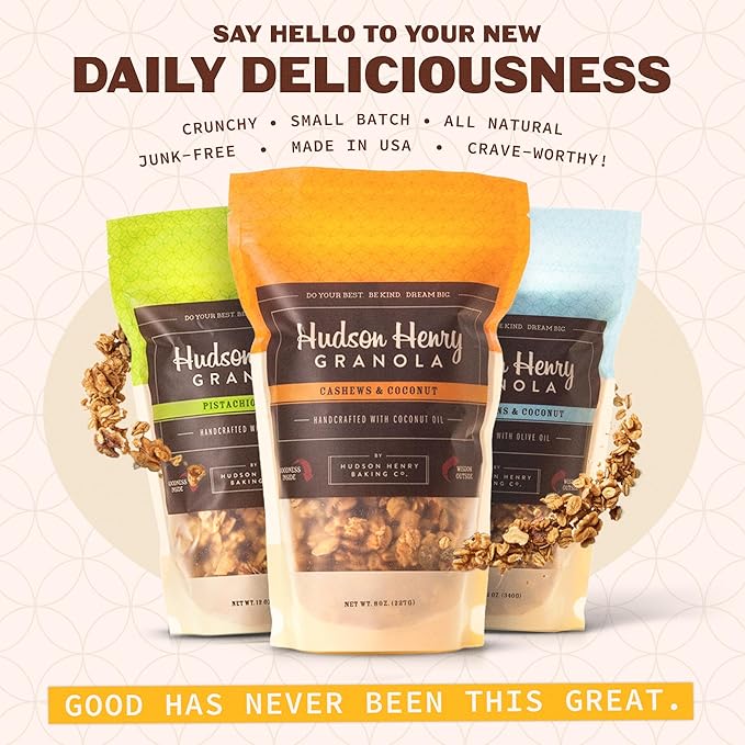 Hudson Henry Granola Variety Pack for Yogurt Snacking &amp Cereal | Maple Pecan Coconut Cashew Coconut &amp Pistachio Almond Granola | Gluten Free Non-GMO Small Batch Baked | 3 Pack (12 oz Bags)