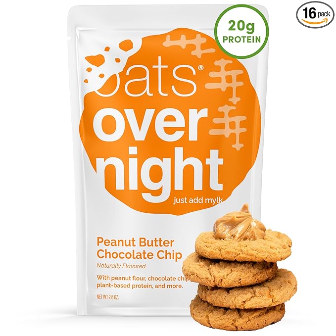 Oats Overnight Peanut Butter Chocolate Chip - Vegan Overnight Oats Protein Shake with 20g Vegan Protein Powder - High Fiber Gluten Free Dairy Free Oatmeal (2.4 oz per Meal) (16 Pack)