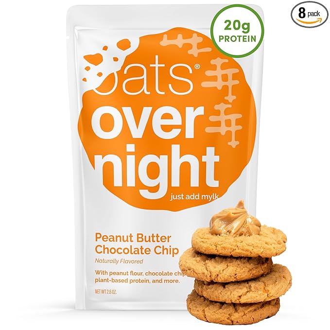 Oats Overnight Peanut Butter Chocolate Chip - Vegan Overnight Oats Protein Shake with 20g Vegan Protein Powder - High Fiber Gluten Free Dairy Free Oatmeal (2.4 oz per Meal) (8 Pack)