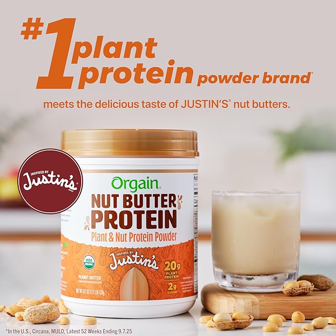 Orgain X Justin's ® Organic Vegan Nut Butter Protein Powder Peanut Butter- 20g Plant Protein 2g Sugar Gluten Free No Dairy Soy Ingredients or Artificial Flavors 1.17 lb