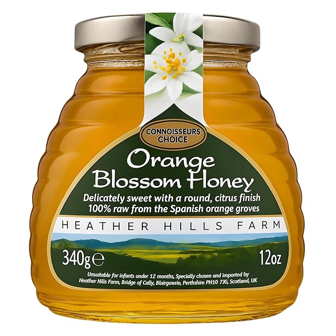 Heather Hills Farm Raw Spanish Orange Blossom Honey 340g (12oz) | Pure Natural Artisan Monofloral Honey from Spain in Glass Jar | Unfiltered &amp Unpasteurized Delicately Sweet Citrus Finish