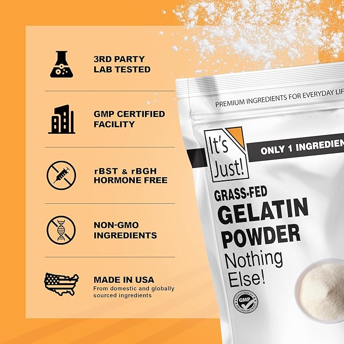 It's Just - 100% Gelatin Powder (2lb) Unflavored Heavy Metal Tested Grass-Fed Bovine (Beef) Source Non-GMO Keto Friendy Perfect for Marshmallows Gummies Desserts 32oz