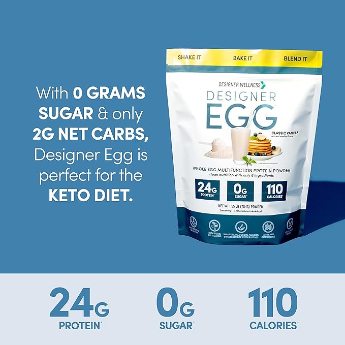 Designer Wellness Designer Egg Natural Egg Yolk &amp Egg White Protein Powder Keto and Paleo Friendly Low Calorie Less Fat and Cholesterol Classic Vanilla 1.55 Pound