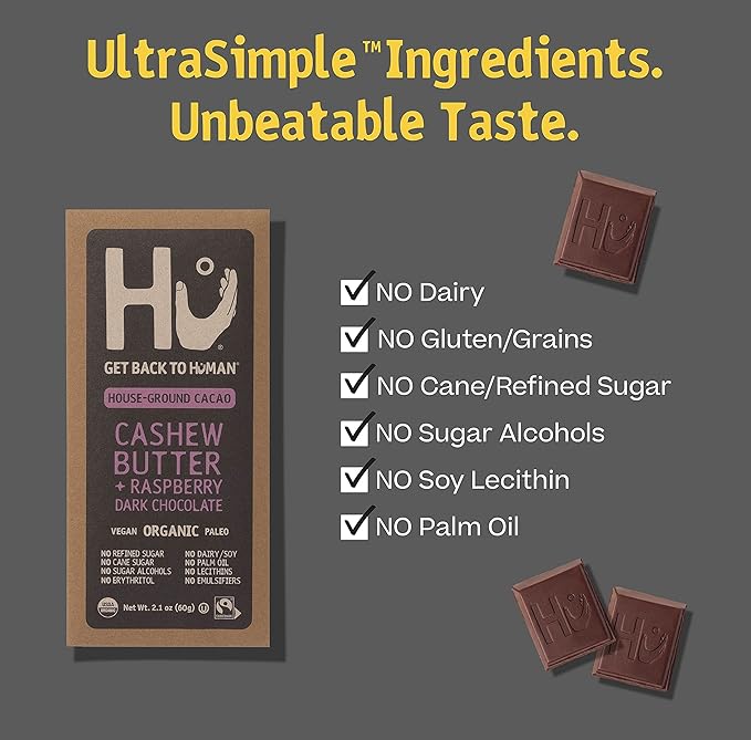 Hu Chocolate Bars | 12 Pack Raspberry Jelly Cashew Butter Chocolate | Natural Organic Vegan Gluten Free Paleo Non GMO Fair Trade Dark Chocolate | 2.1oz Each