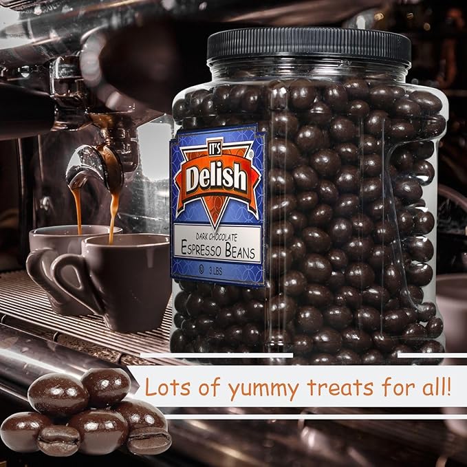 Dark Chocolate Covered Espresso Beans - by It's Delish 3 Lbs Jumbo Container | Coffee Lovers Snack | Gourmet Chocolates Candy Snacks | Made in USA Vegan Kosher