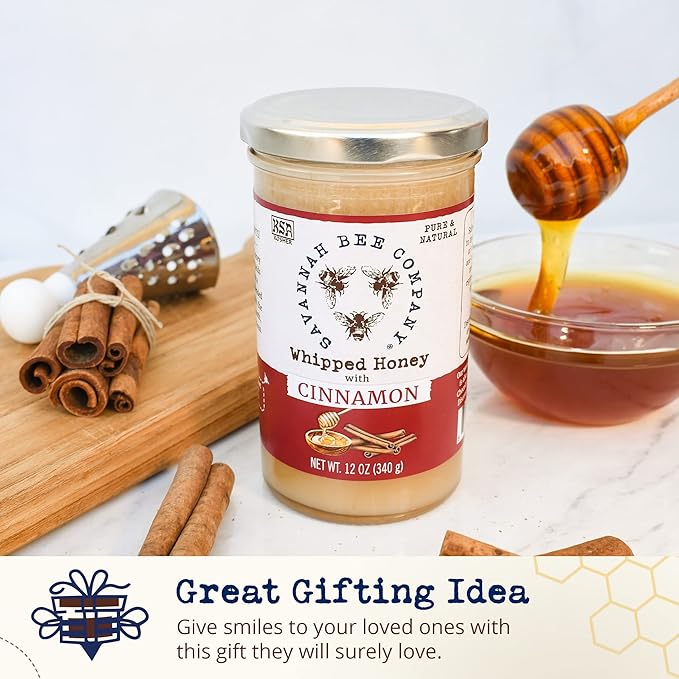 Whipped Honey Gift Set by Savannah Bee - Creamy Smooth Spreadable and absolutely Delicious - 100% Natural and Pure Honey - 12 Oz (Original &amp Cinnamon)