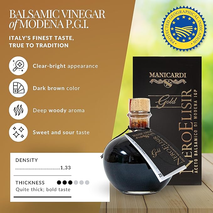 MANICARDI Balsamic Vinegar of Modena PGI - Dense Gold Elisir with Drip-Stop Dispenser Perfect for Snacks Pasta Vegetables Salad Dressings Meat - Made in Italy 8.45 Fl Oz (250 ml)
