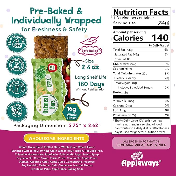 Appleways Apple Oatmeal Bars 2.4 oz 160 Count - Individually Wrapped Whole Grain Soft Baked Oat Snack Bars Healthy and Nut-Free Breakfast Bar Snacks for On the Go Made in USA (24 lbs Total)