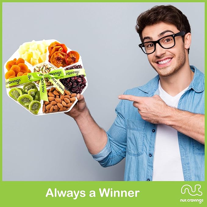 NUT CRAVINGS - Dried Fruit &amp Mixed Nuts Gift Basket + Green Ribbon (7 Assortments 2 LB) Ramadan Gifts Food Arrangement Healthy Snack Care Package