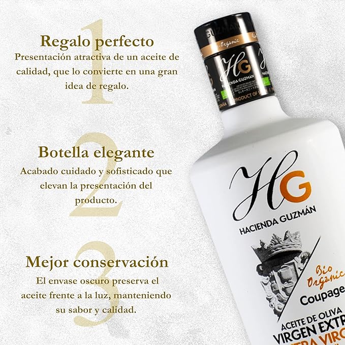 HACIENDA GUZMÁN - Extra Virgin Olive Oil Bio Mix of Manzanilla Hojiblanca and Arbequina Variety. Perfect for cooking baking and Salad Dressing. Available in 16.9 FL OZ (500 mL) Bottle.
