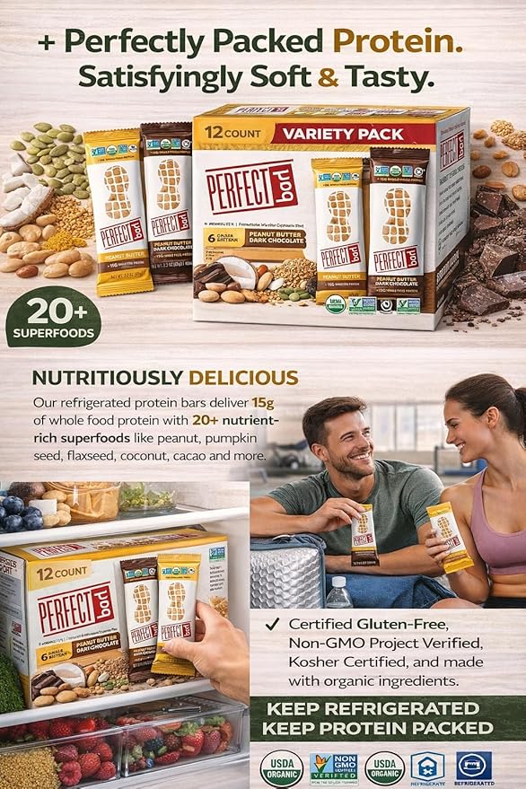 Perfect Bar Organic Protein Bars Variety Pack 12 Count | 15g Protein 20 Superfoods | Gluten Free Non-GMO Kosher | Healthy Refrigerated Snack Bars | Peanut Butter Dark Chocolate