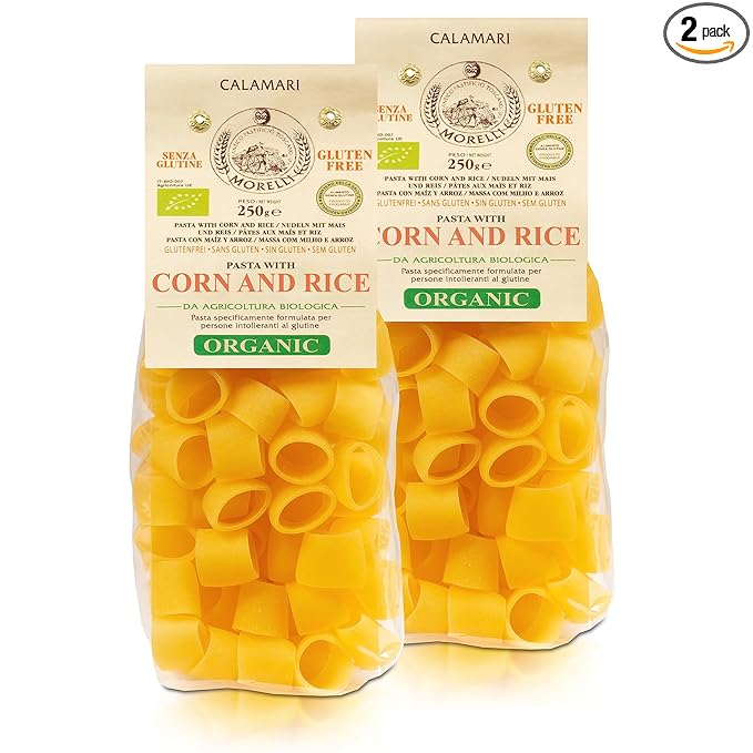 Morelli Mezzi Paccheri Organic Pasta - Italian Gourmet Large Circle Gluten-Free Pasta from Italy Made from Corn &amp Rice for Stuffing - 8.8 ounce - Pack of 2