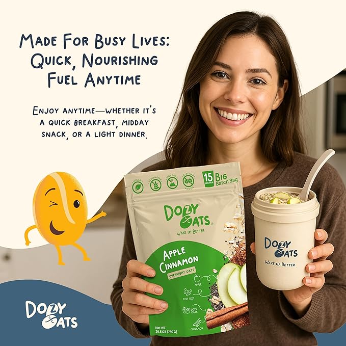 Dozy Oats Overnight Oatmeal 15-Serving Big Batch Bag. Gluten-Free Natural Source of Protein and Fiber Apple Cinnamon 750g Pack and Jar