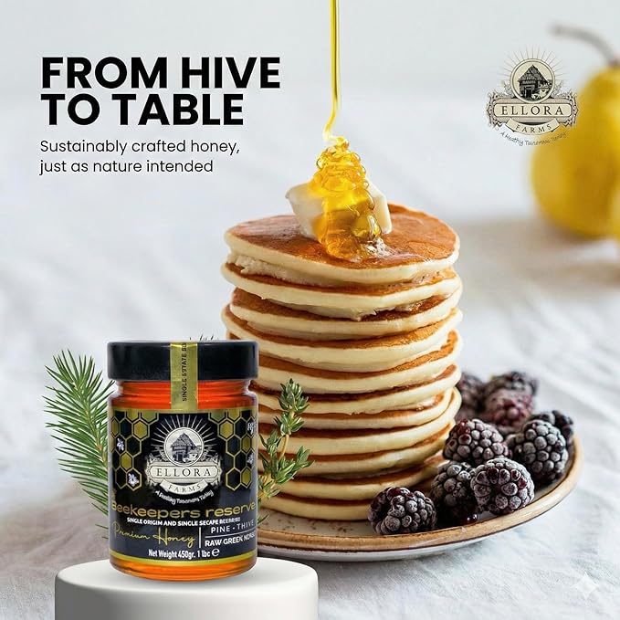 Ellora Farms Greek Honey Single Estate PDO Pine &amp Thyme Raw Honey Unfiltered Beekeepers Reserve Pure Raw &amp Unfiltered Cold-Pressed Gluten Free - 450 g