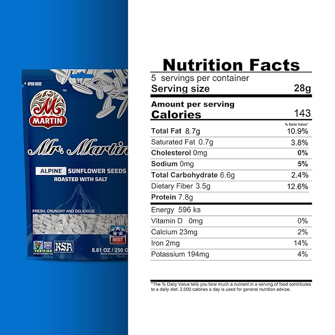 MR. MARTIN Freshly Roasted Alpine Salted Sunflower Seeds To Eat – Non-GMO Kosher Crunchy Delicious Vegan Keto Friendly Snack – 5.25 Oz12 Pack