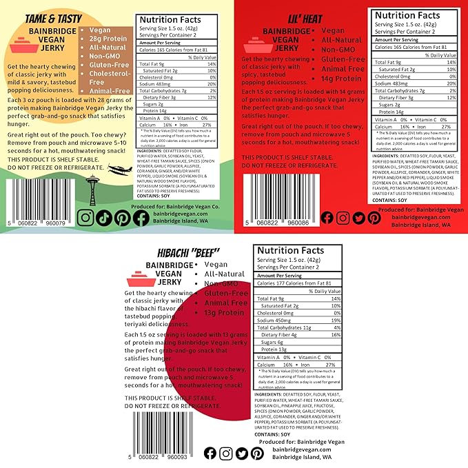 Bainbridge Vegan Jerky – Variety Pack: Tame &amp Tasty Lil' Heat Hibachi Beef Vegan Jerky Plant Based Snacks All Natural Non-GMO Gluten Free Vegan Meat/Vegetarian Jerky 3 oz (Pack of 3)