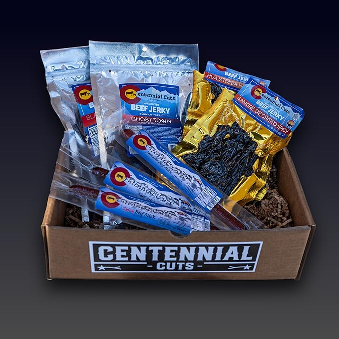 Centennial Cuts Hot &amp Spicy Beef Jerky &amp Beef Sticks Gift Box – Spicy Jerky Variety Pack 4 Jerky Bags + 3 Beef Sticks High Protein Snack