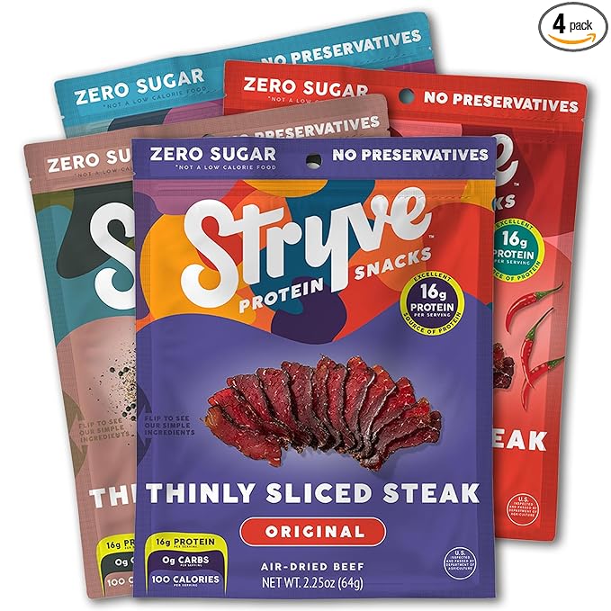 Stryve - Better Than Jerky Steak Snacks Protein Rich Beef Biltong | 36g Protein Sugar Free Carbs Free Gluten Free Dairy Free Keto &amp Paleo Friendly | Variety Pack Pack Of 4