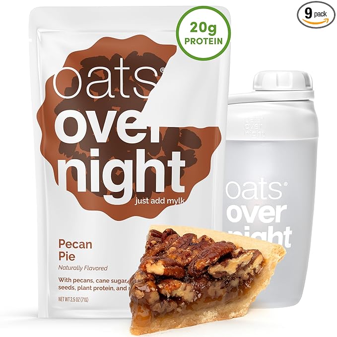 Oats Overnight Pecan Pie - Overnight Oats with 20g Plant-Based Protein High Fiber Breakfast Protein Shake - Vegan Gluten Free Oatmeal Non GMO High Protein Oatmeal (2.5 oz per Meal) (8 Pack + Bottle