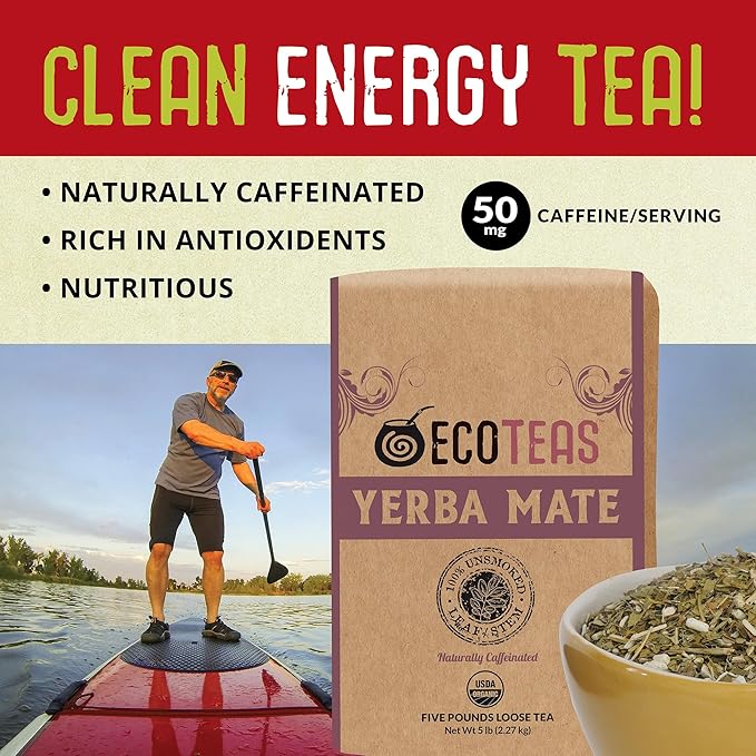 ECOTEAS Organic Yerba Mate Loose Leaf Tea – Unsmoked Detox Herbal Tea for Natural Energy – Coffee Alternative - Kosher Non-GMO Gluten-Free - Traditional Leaf-Stem Cut 5 lb
