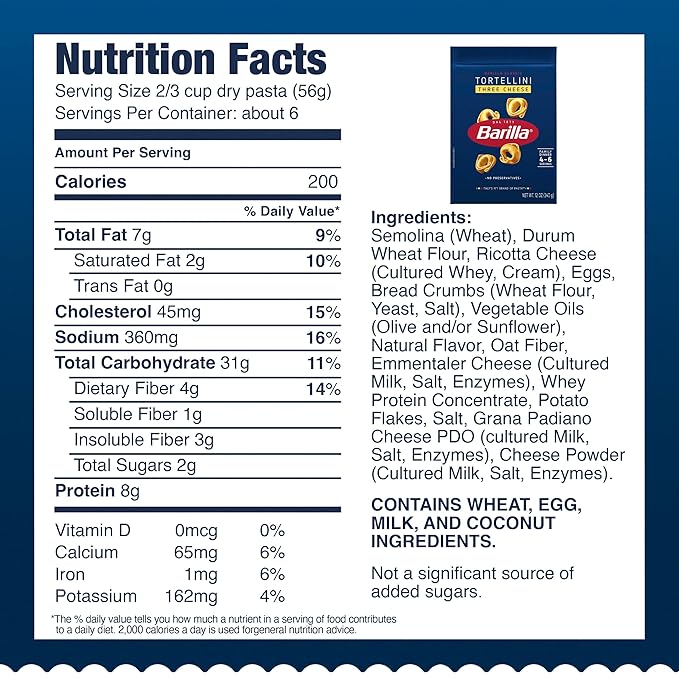 BARILLA Three Cheese Tortellini Pasta 12 oz. Bag (Pack of 8) - 6 Servings Per Bag - Pantry Friendly Dried Tortellini - Made with Non-GMO Ingredients