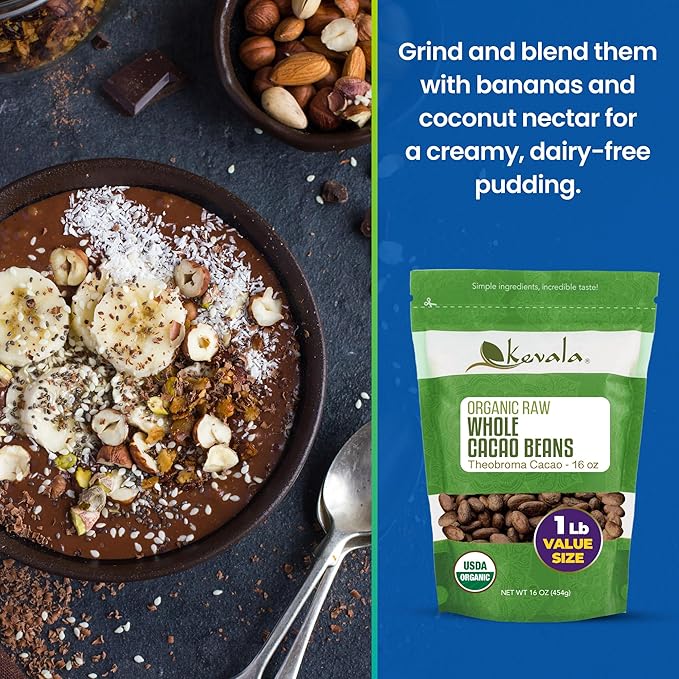 Kevala Organic Cacao Beans - Sun Dried Natural Beans for Brewing Sugar Free Base for Homemade Chocolate Nutritious Addition to Breakfasts and Drinks Vegan Option with No Additives 1 lb 16 oz