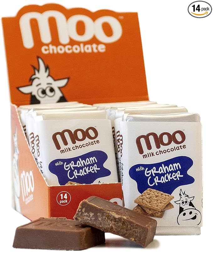 Moo Chocolates All Natural Milk Chocolate Mini Bars with Graham Cracker 0.7 oz 14 ct (Pack of 1) | 100 Calorie Snacks for On-the-Go Lunchboxes Office