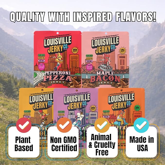 Louisville Jerky Co. Vegan Jerky Variety Pack Plant Based Protein Snack (3 Ounce 5-Pack) – Smoky Carolina BBQ Buffalo Hot Wing Maple Bacon Pepperoni Pizza Smoked Black Pepper