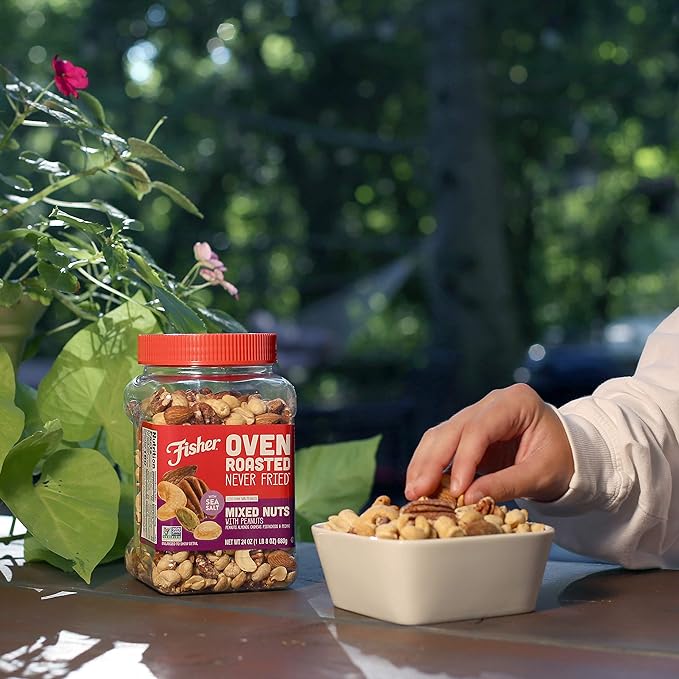 Fisher Oven Roasted Never Fried Mixed Nuts with Peanuts 24 Ounces (Pack of 2) Peanuts Almonds Cashews Pistachios Pecans Snacks for Adults Made With Sea Salt No Added Oils Artificial Ingredie