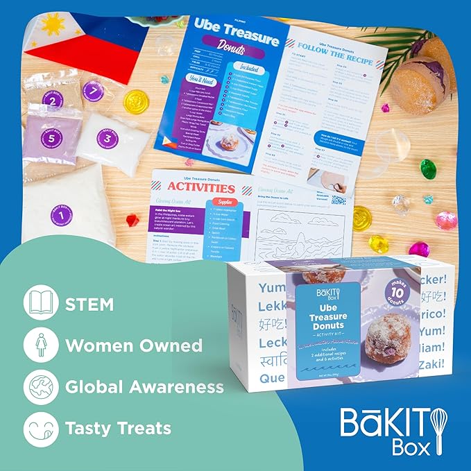 BāKIT Box Ube Treasure Donuts Kit – Make Ube Donuts at Home with Kids | Baking Kit with STEM Activities Pre-Measured Ingredients and Educational Fun