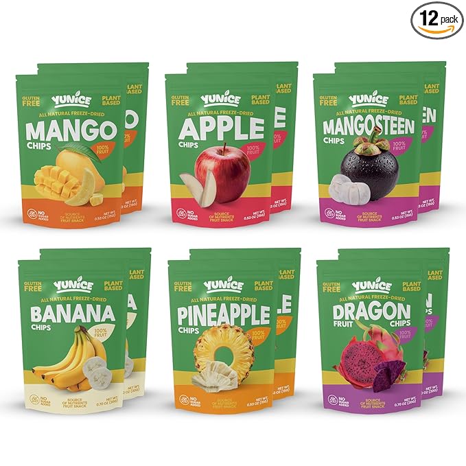 Yunice Freeze-Dried Fruit 100% Natural Gluten Free No Added Sugar healthy snacks for adults BANANA MANGO PINEAPPLE MANGOSTEEN APPLE &amp DRAGON FRUIT Variety Pack 0.53 Ounce (Pack of 12)