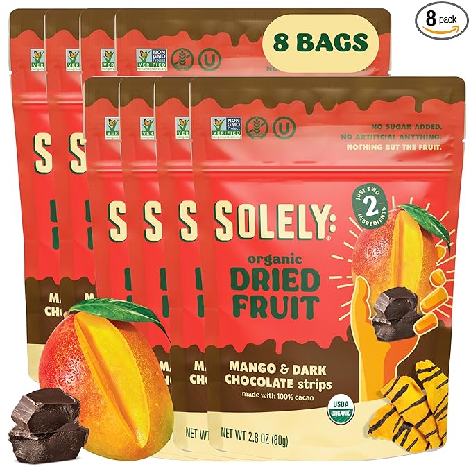 SOLELY - Organic Mango Chocolate Drizzled Strips (2.8 oz Resealable Bags Pack of 8) - Real Fresh Fruit - Healthy Snacks for Adults &amp Kids - Non GMO Vegan Snacks Shelf Stable - 8 Bags (22.4 oz)
