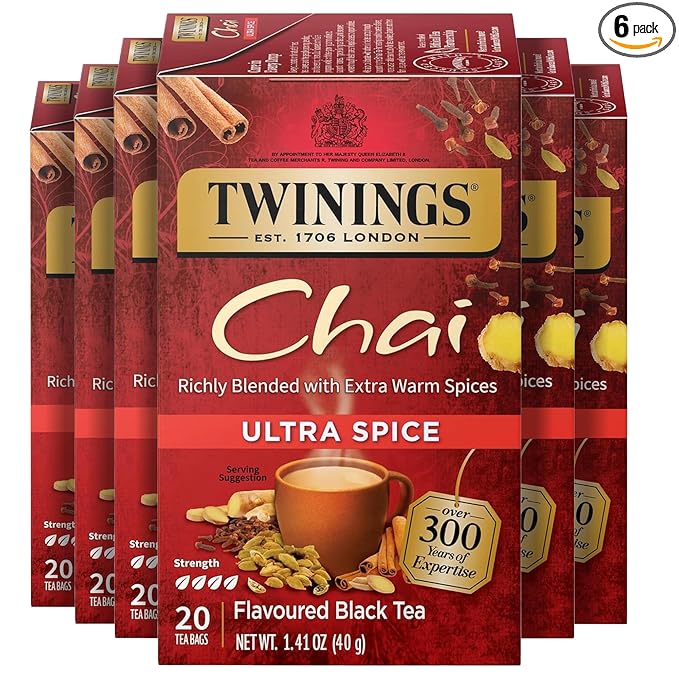 Twinings Ultra Spice Chai Individually Wrapped Bags 20 Count (Pack of 6) Sweet Savoury Spices Caffeinated Enjoy Hot or Iced 120 Teabags