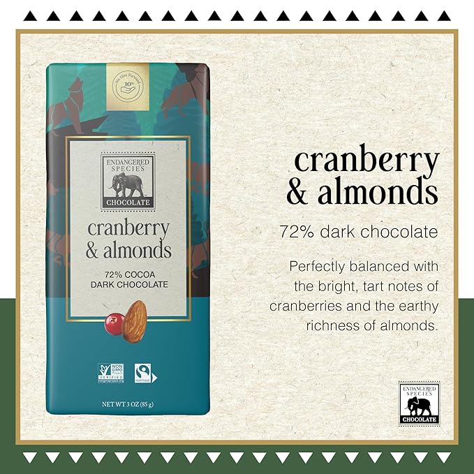 Endangered Species Dark Chocolate Bar w/Cranberries &amp Almonds (72% cocoa)