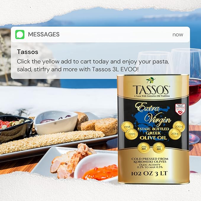 Tassos Extra Virgin Olive Oil ( Cold Pressed Koroneiki Olives ) 3 Ltr Tin