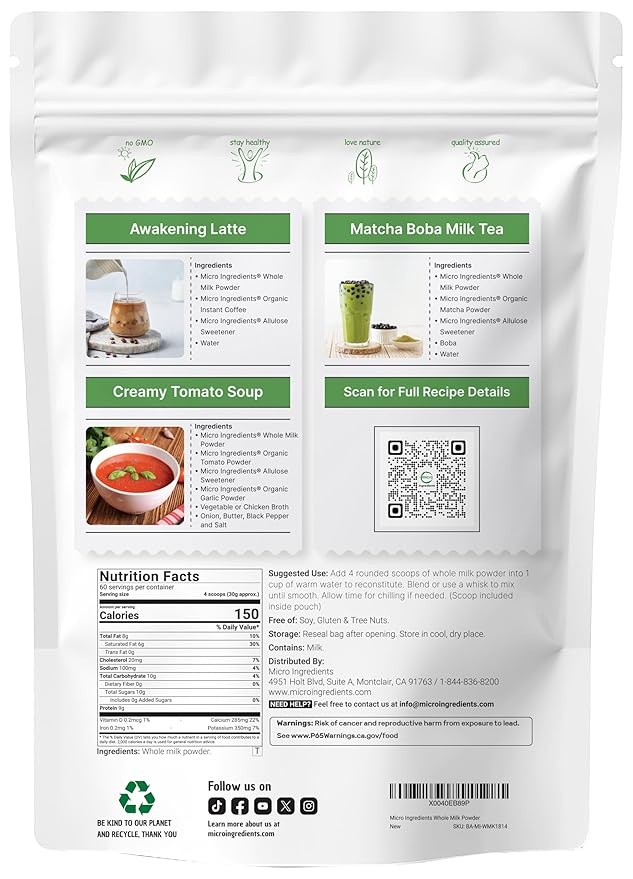 Micro Ingredients Whole Milk Powder 4 lb | Pasture-Raised rBST-Free | Pure &amp Rich in Protein | Ideal for Baking &amp Everyday Use | Non-GMO Gluten-Free Premium Grade