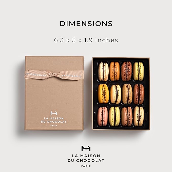 LA MAISON DU CHOCOLAT Macaron Gift Box - Gourmet French Dark Chocolate Filling with Shells in Assorted Flavors (12 Pieces)