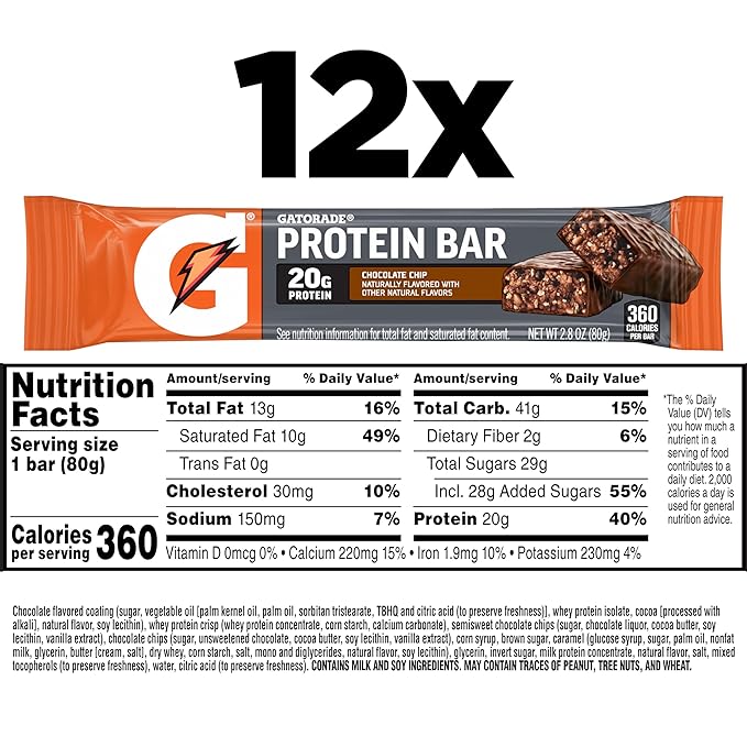 Gatorade Whey Protein Recover Bars Chocolate Chip 2.8 ounce(Pack of 12)