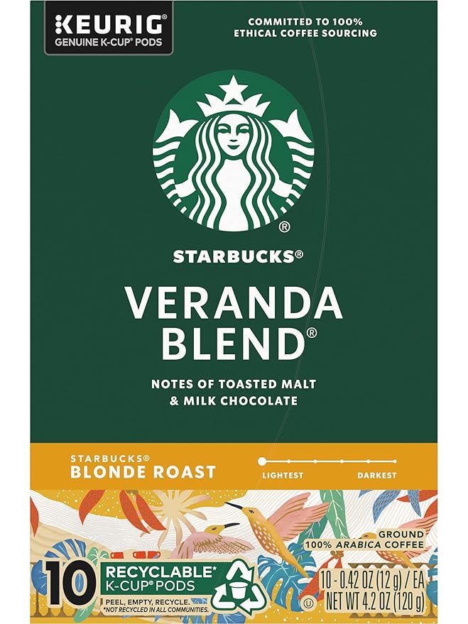 Starbucks Coffee K-Cup Pods Veranda Blend Coffee Blonde Roast 100% Arabica Coffee Keurig Genuine K-Cup Pods 10 CT K-Cup Pods Per Box (Pack of 6 Boxes)