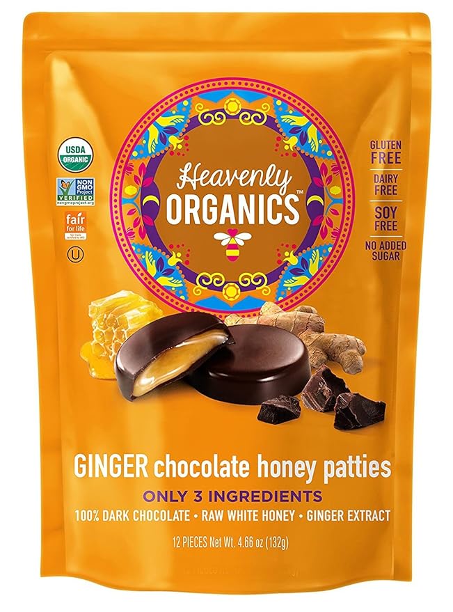 Heavenly Organics Ginger Chocolate Honey Patties (3 Bags) Made with 100% Organic Cocoa and 100% Organic Raw White Honey Non-GMO Fair Trade Kosher Dairy &amp Gluten Free No Sugar Added