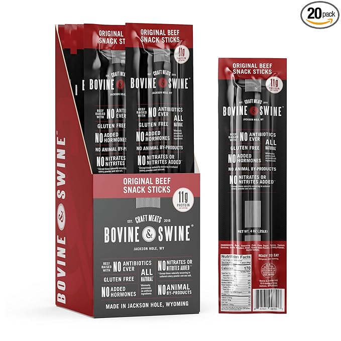 Bovine &amp Swine All-Natural Gourmet Craft Beef Snack Sticks | 10 Packs of 2 | Wyoming Jerky Sticks High Protein Individually Wrapped | Camping &amp Hiking Snacks | Clean Ingredients | Original B