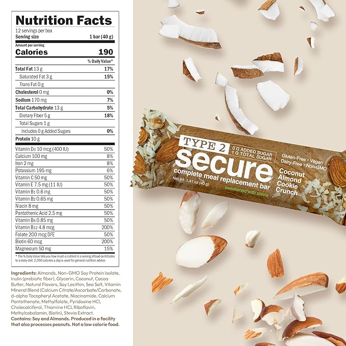 ANDREW LESSMAN Type 2 Secure Complete Meal Replacement Bars (Stevia) – Coconut Almond Cookie Crunch – 12 ct box – 10g Protein 0g Added Sugar 16 Essential Vitamins &amp Minerals Gluten-Free Vegan