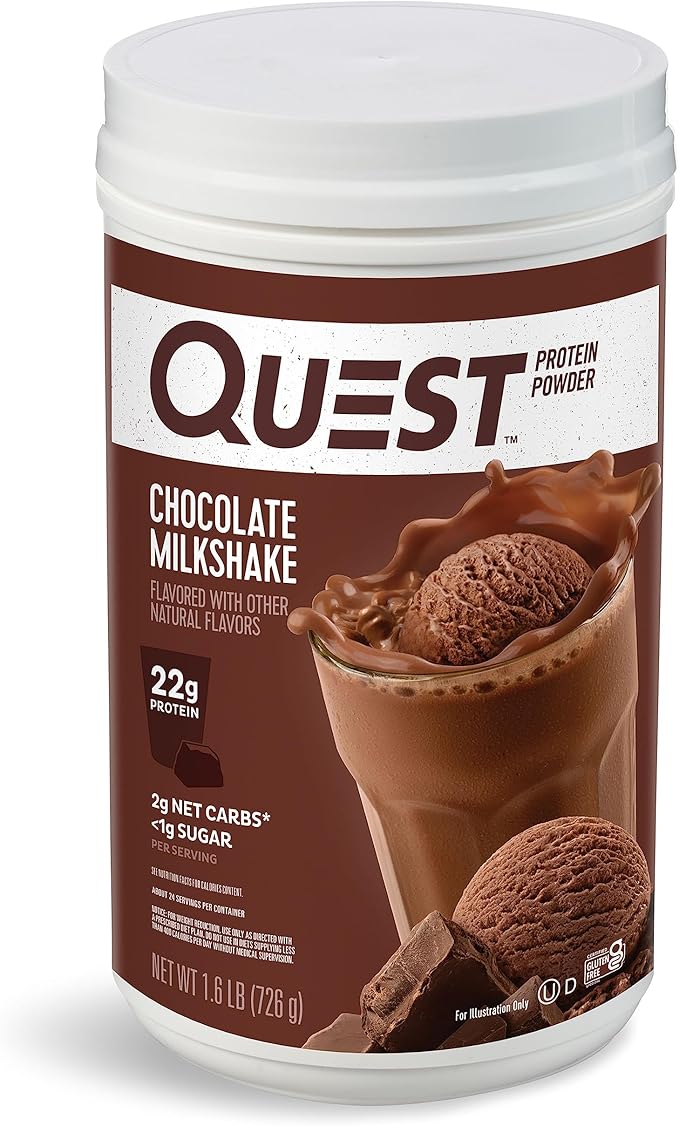 Quest Nutrition Chocolate Milkshake Protein Powder 22g Protein 2g Net Carbs 1g Sugar Low Carb Gluten Free 1.6 Pound 24 Servings
